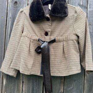 Vintage Cat Walk Houndstooth Jacket Faux‎ Fur Collar Belted Coat Made in USA